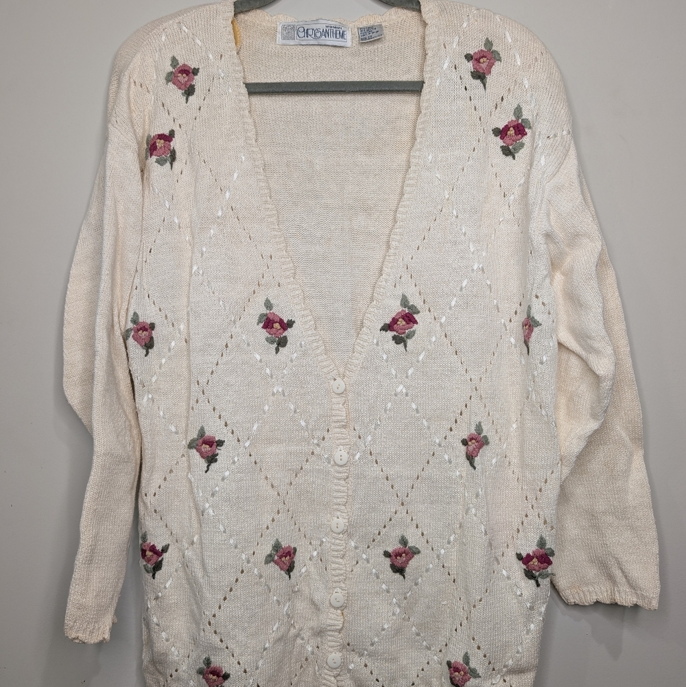 Vintage Cream Embroidered Rose Cardigan Cottagecore Floral Knit Sweater | 1X - Picture 4 of 5